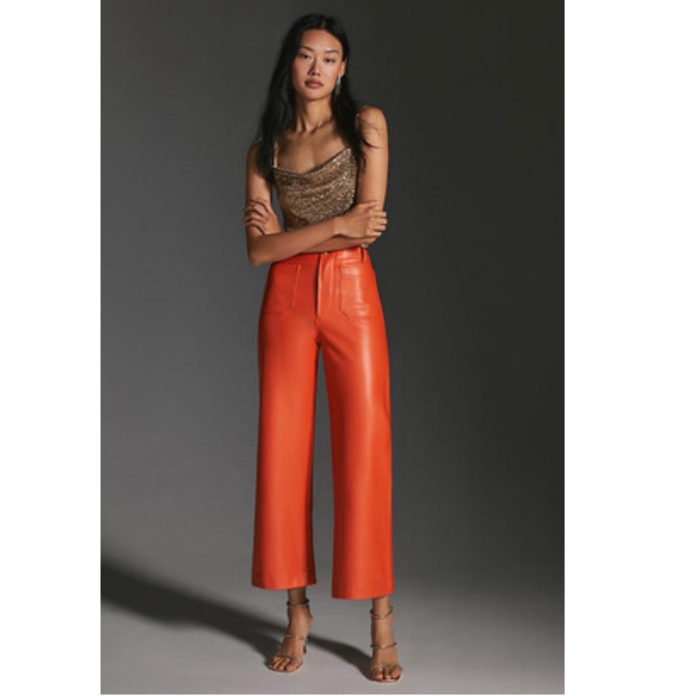 Maeve Anthropologie Colette Cropped Wide Leg Faux Leather Pants Orange
